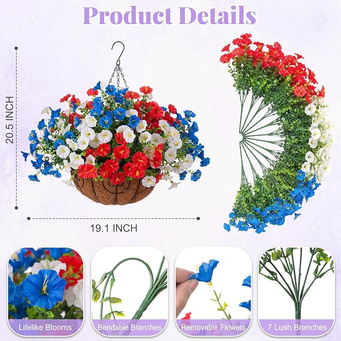 Ammyoo Artificial Fake Hanging Flowers with Basket for Outdoors, Faux Petunias Flowers Fake Hanging Plants with Eucalyptus Realistic UV Resistant for Outside Patio Garden Porch Balcony Yard Decor