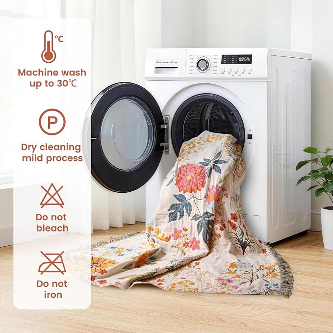 MSGKV Boho Throw Blanket for Bed 60"x80" Cotton Floral Twin Size Blanket Lightweight Farmhouse Muslin Summer Breathable Couch Blankets Home Decor All Seasons