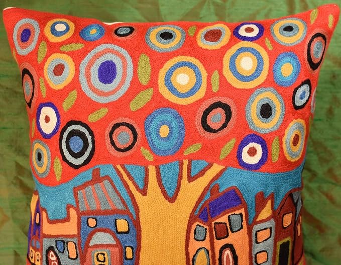 Red Tree of Life Throw Pillow Cover Karla Gerard Floral Tree Pillowcase Flower Chair Cushion Mid Century Couch Pillowsham Red Farmhouse Cushions Hand Embroidered Wool 18x18 Inch