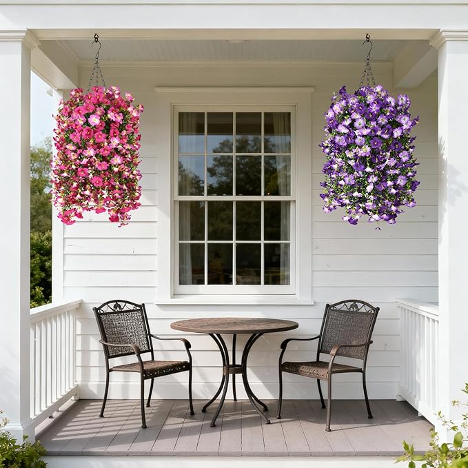 Artificial Fake Flowers Plants for Outdoor Spring Summer Decoration,2 PCS Faux Silk Morning Glory with Eucalyptus Leaves,UV Resistant Realistic Outdoor Flowers for Balcony Porch Patio Yard Garden