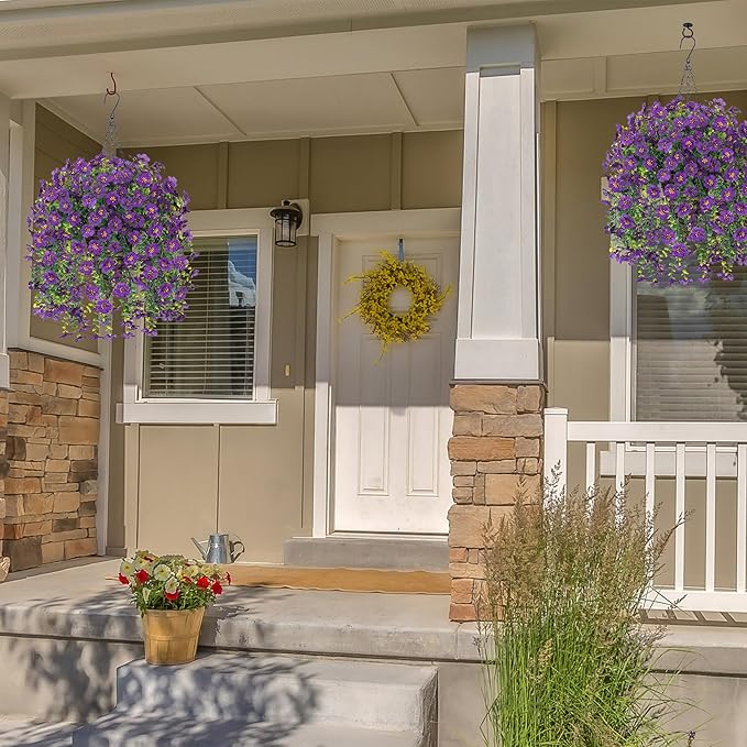 HyeFlora Artificial Hanging Flowers Basket for Outdoor, Fake Flowers Faux Plants Look Real for Yard Gardens Porch Patio Home (Darkpurple)