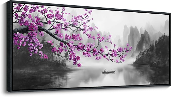 YDYSUNE Extra Large Purple Wall Art Decor for Living Room Bedroom Framed Black and White Landscape Full Moon Purple Flower Painting Canvas Picture Plum Blossom Artwork for Home Office 70x31IN