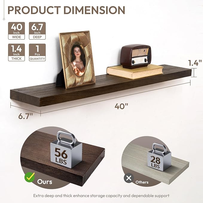 Marsmiles 40 inch Floating Shelves for Wall Solid Elm Wood Wall Mounted Shelves|Rustic Long Floating Shelves with Invisible Bracket for Bathroom Living Room Kitchen|Walnut, 1 Pack