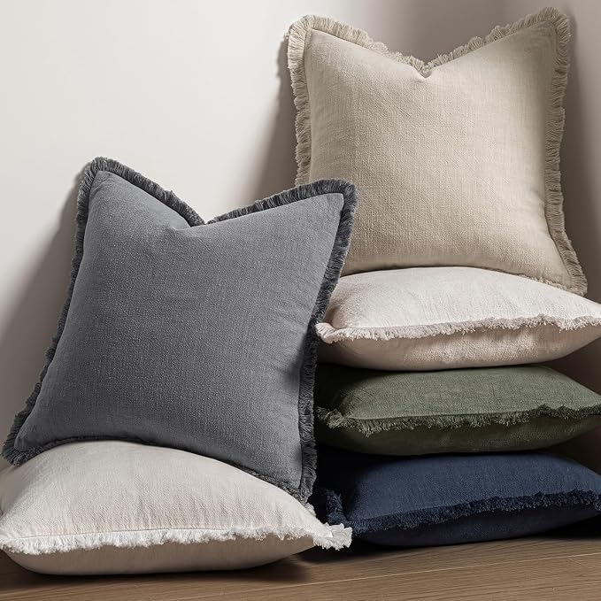 MIULEE Decorative Throw Pillow Covers Neutral Linen Fringe Throw Pillows Set of 2 Grey Boho Farmhouse Cushion Covers with Tassels for Couch Sofa Bed Living Room Spring Decor 18x18 Inch