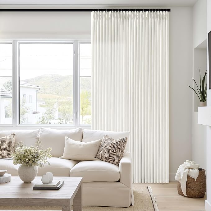 Natural Semi Sheer Linen Pinch Pleated Curtains 100 Inch Long | Neutral Beige, Extra Long, Light Filtering Privacy, Bedroom Office, Faux Linen Textured, Hook Rings Memory Shape, Boho Modern