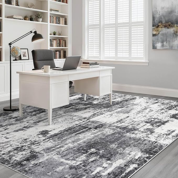 8x10 Area Rugs Living Room: Washable Large Neutral Rug Abstract Soft Modern Stain Resistant Indoor Floor Non-Slip Carpet for Bedroom Nursery Kids Office Playroom Dining Room Under Table- Black White