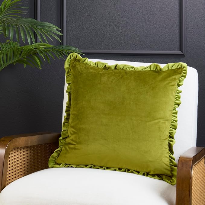 SARO LIFESTYLE Ruffle Edge Velvet Throw Pillow - Soft Velvet Throw Pillow with Down Filled Comfort for Cottage Home Decor, Cozy Living Spaces and Bedroom Accents, 20"x20", Kiwi