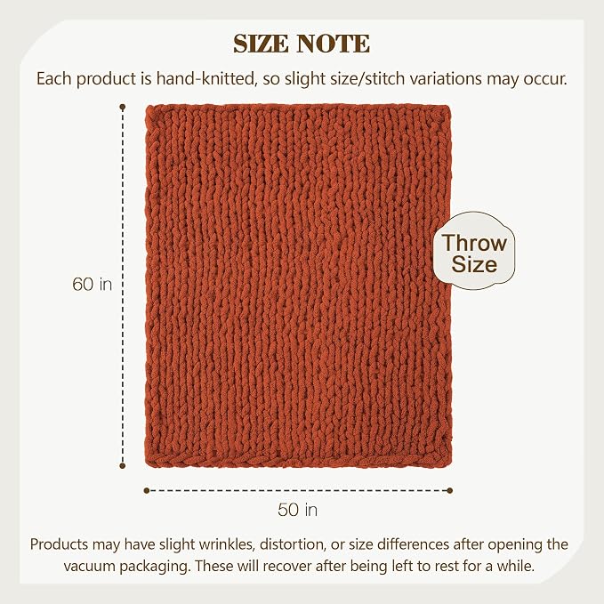 Carriediosa Chunky Knit Throw Blanket 50" X 60", 100% Hand Made Large Chenille Loop Yarn Soft Fluffy Throws for Couch Sofa Bed, Big Crochet Cozy Heavy Thick Cable Woven Blankets, Rust