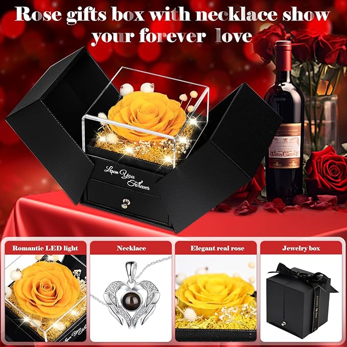 FIACO Gifts for Mom Preserved Real Roses with I Love You Necklace Fresh Forever Flowers Mothers Day Flower Gifts for Women Grandma Anniversary Birthday Gift for Girlfriend Wife Daughter