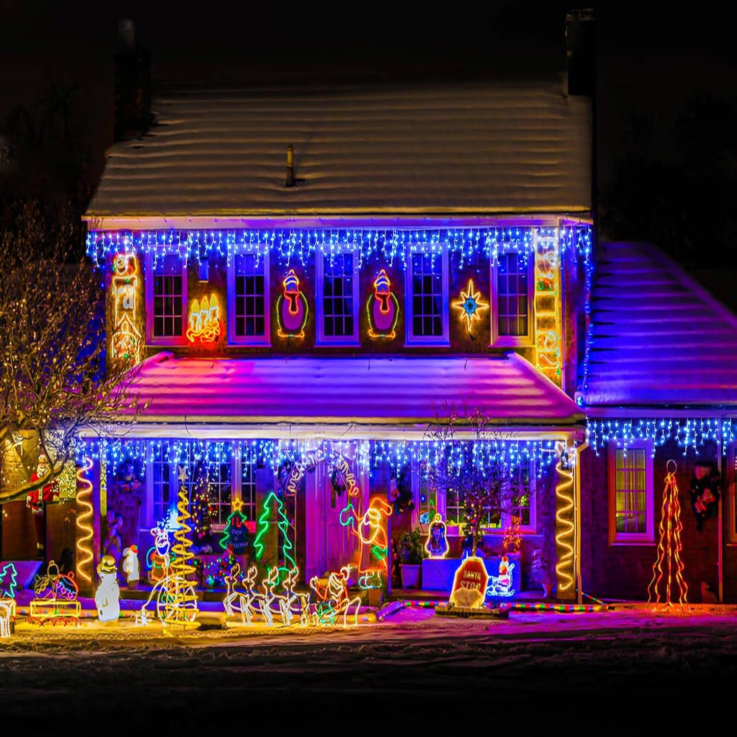 Icicle lights Outdoor - 33ft Christmas Lights with 400LED 75 Drops 8 Modes, Plug in Curtain String Lights Waterproof for Holiday Wedding Party Home Garden Bedroom Indoor Outdoor Decoration, Blue