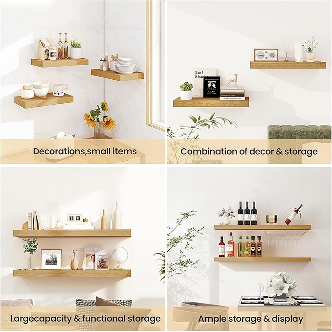 Vivelove 36 Inch Floating Shelves for Wall, 9" Deep Display Shelves for Bathroom Living Room Kitchen Bedroom Office Farmhouse Home Decor - Set of 2, Oak