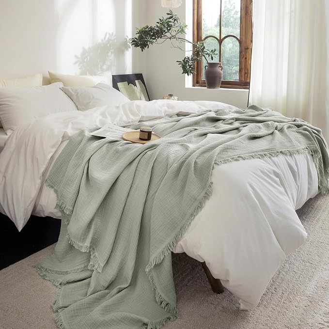 FOSSA Muslin Blanket 4-Layer 100% Cotton Gauze Blanket with Fringe 90"x90" | Super Soft Breathable Lightweight All Season & Decorative Blanket or Bed, Sofa, Office (Sage Green,Queen)