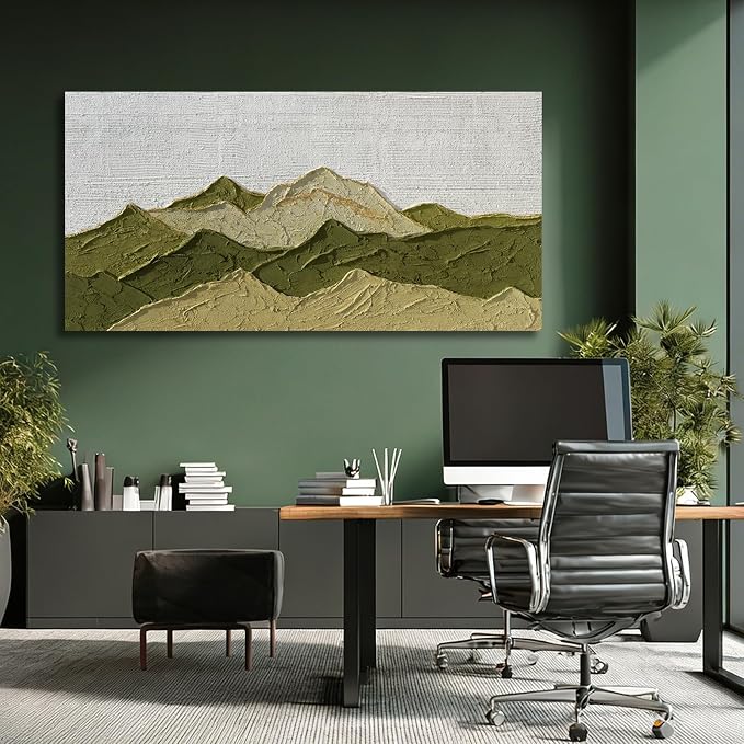 Dolidoteart Green Beige White Mountain Wall Art, Hand Painted Oil Painting on Canvas, Large Landscape Wall Decor for Living Room Bedroom Office, Horizontal 24x48 Inch