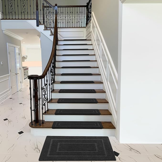 PURE ERA Bullnose Carpet Stair Treads Tape Free Non-Slip Indoor Stair Protectors Pet Friendly Stair Treads for Wooden Steps 9.5" x 30"(14 Pieces,Black Rectangular)