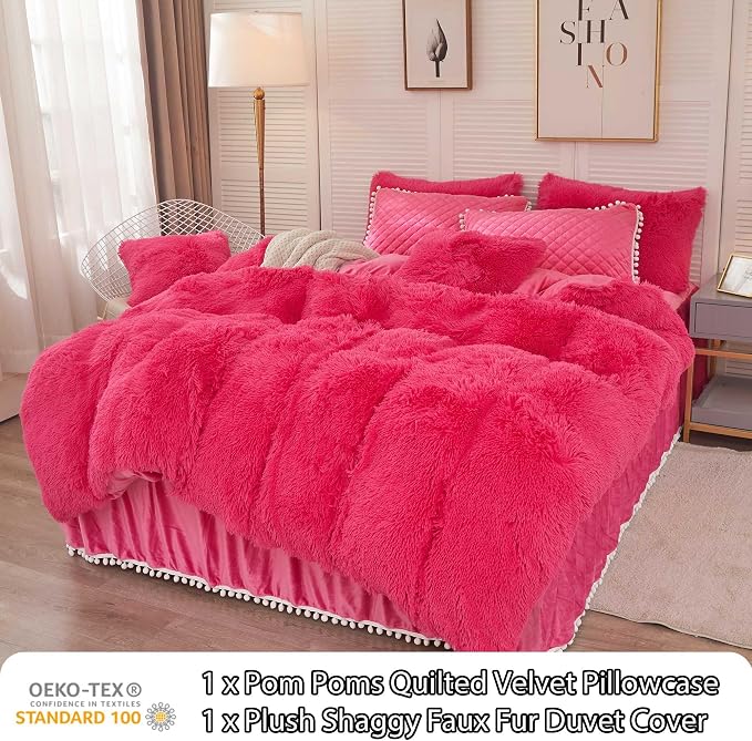 LIFEREVO Luxury Plush Shaggy Duvet Cover Set, Soft Velvet Fluffy Duvet Cover Furry Bedding Comforter Set(1 Faux Fur Fuzzy Duvet Cover + 1 Pompoms Pillow Case), Zipper Closure(Twin/Twin XL, Hot Pink)
