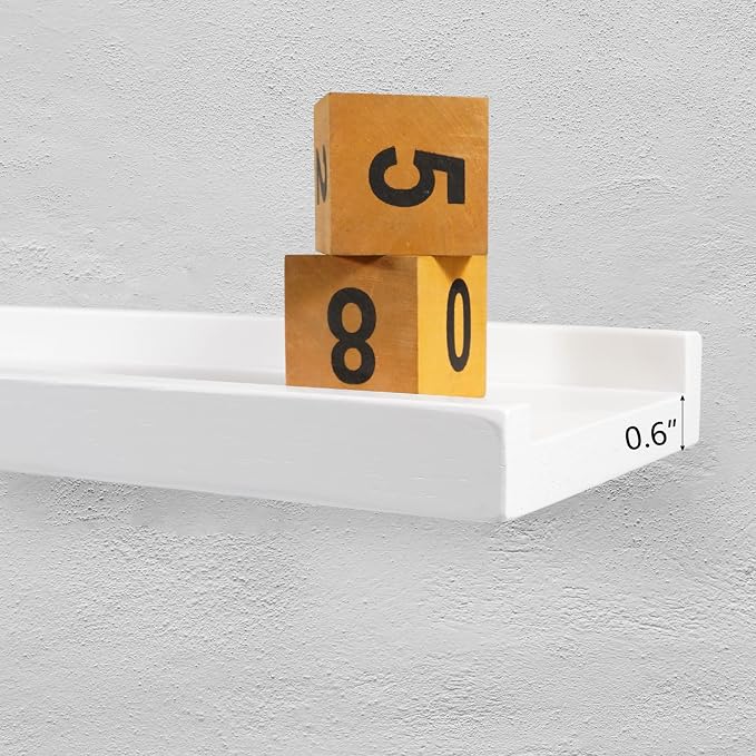 16-Inch White Solid Wood Floating Shelf for Wall Decor, 1-Pack | Premium natural wood ledge for wall storage. Sturdy shelf for home office, living room and kitchen