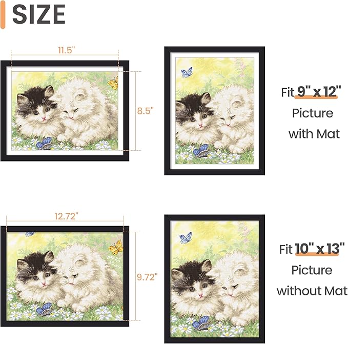 upsimples 10x13 Picture Frames, Display Pictures 9x12 with Mat or 10x13 Without, Wall Hanging Photo Frame, Black, 1 Pack