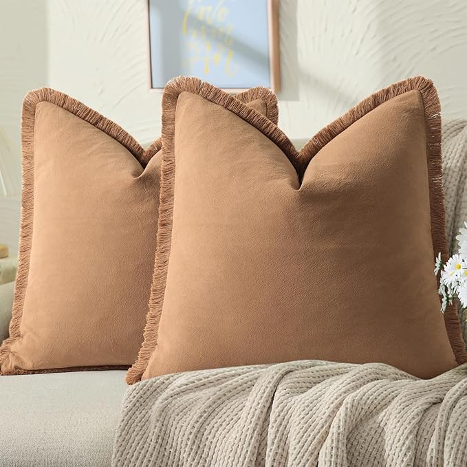 ZWJD Pillow Covers 20x20 Set of 2 Camel Throw Pillow Covers with Fringe Chic Cotton Decorative Pillows Square Cushion Covers for Sofa Couch Bed Living Room Farmhouse Boho Decor