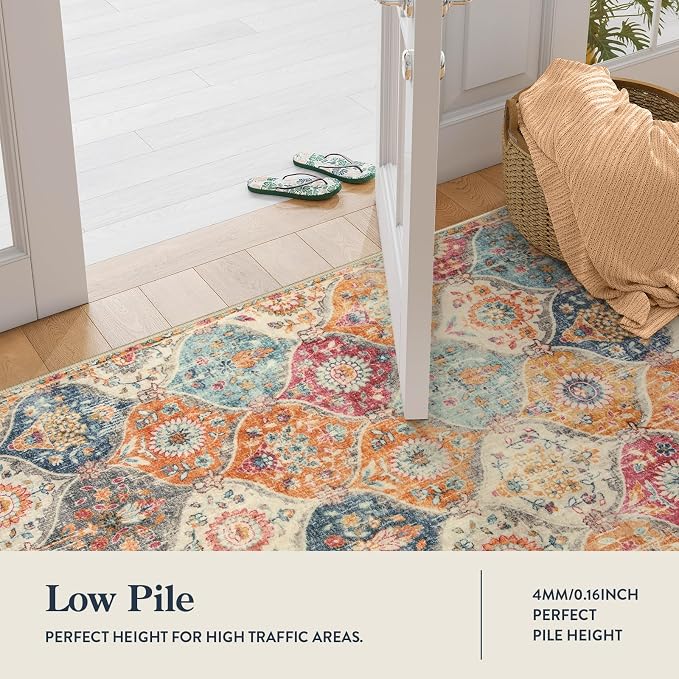 Lahome Moroccan Trellis Washable Runner Rug, 2x6 Kitchen Runners for Hallways 6 Feet Non Slip, Vintage Laundry Room Rug Ultra-Thin Carpet for Bathroom Bedroom Entryway Elise, Cream/Multi
