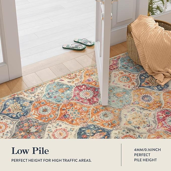 Lahome Moroccan Washable Runner Rug 2x10, Kitchen Runners for Hallways Rubber Backing Ultra-Thin Vintage Hallway Rug Non-Slip Carpet for Entryway Bedroom Laundry Room Elise, Cream/Multi