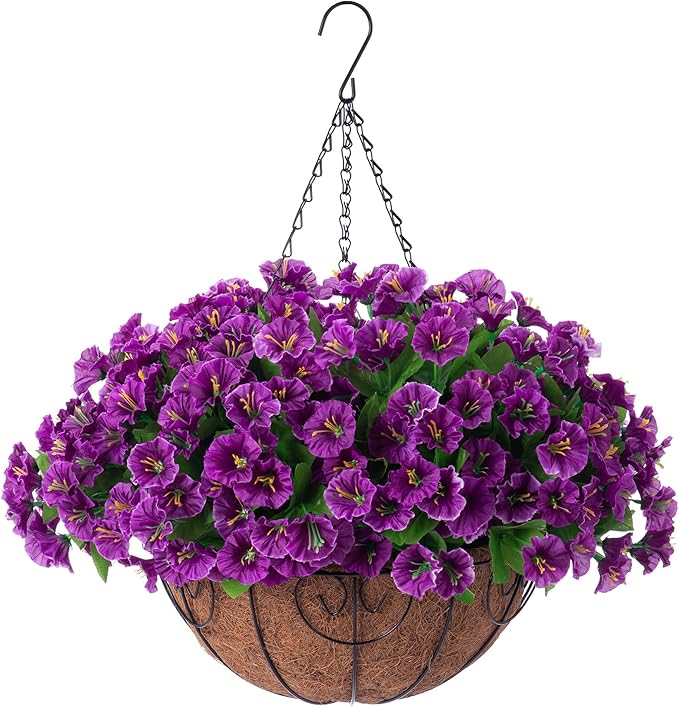 Artificial Hanging Flower Plants with Basket for Spring Summer Outdoor Decoration, Faux Petunias Flowers Fake Morning Glory Planter for Outside Patio Garden Porch Balcony Yard Spring Decor(Lotus)