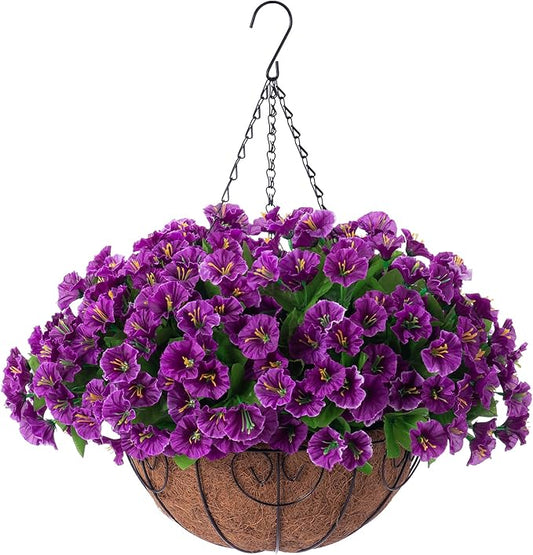 Artificial Hanging Flower Plants with Basket for Spring Summer Outdoor Decoration, Faux Petunias Flowers Fake Morning Glory Planter for Outside Patio Garden Porch Balcony Yard Spring Decor(Lotus)