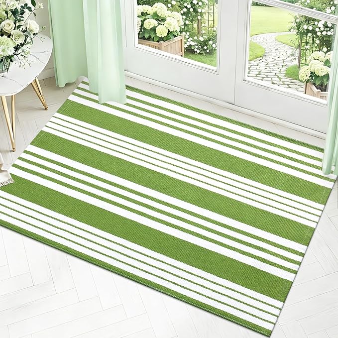 OLANLY Green and White Classic Striped Rug 2'4" x 3'7" (27.5" x 43") – Washable Cotton Indoor Outdoor Doormat for Front Door, Entryway, Kitchen, Porch, Patio Decor