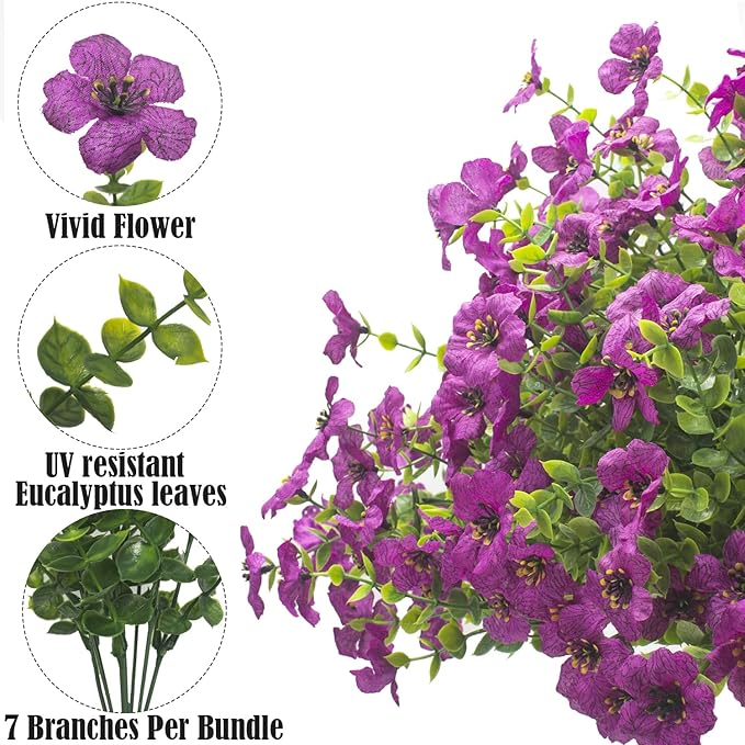 Grunyia Artificial Fake Flowers for Outdoor Spring Decoration, 16 Bundles Faux Silk Colorful UV Resistant Realistic for Outside Porch Patio Home Yard Garden Planters Pots Window Box (Light Purple)