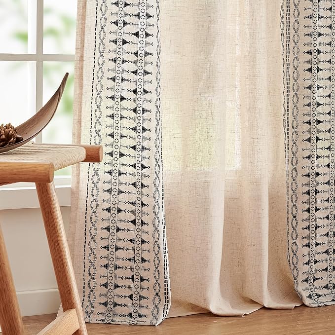 jinchan Boho Curtains Embroidered Linen Blend Window Curtains for Bedroom, Drapes 84 Inch Length 2 Panels Set, Geometry Grommet Bohemian Window Treatments Set for Living Room Black on Beige
