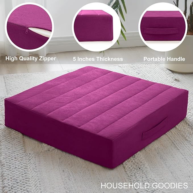 JKMAX 22 inches Floor Pillow for Adults - Large Meditation Cushion with Thick Foam - Premium Outdoor Square Floor Cushion Seat - Yoga Pillow for Sitting On Floor - Purple