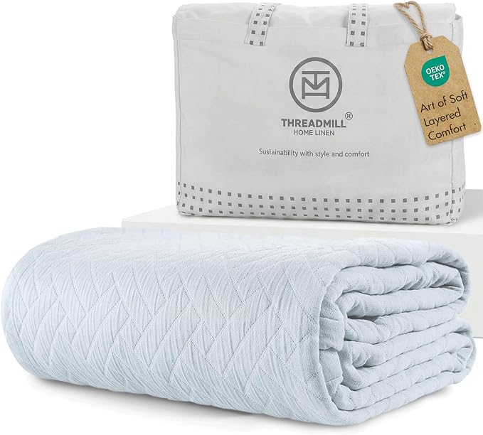 Threadmill Luxury Cotton Blankets for Queen Size Bed |All-Season 100% Cotton Queen Size Blanket | Criss Cross Jacquard Cozy Lightweight, Soft Breathable Coverlet fits Full Size Bed, 90x92 | Light Blue