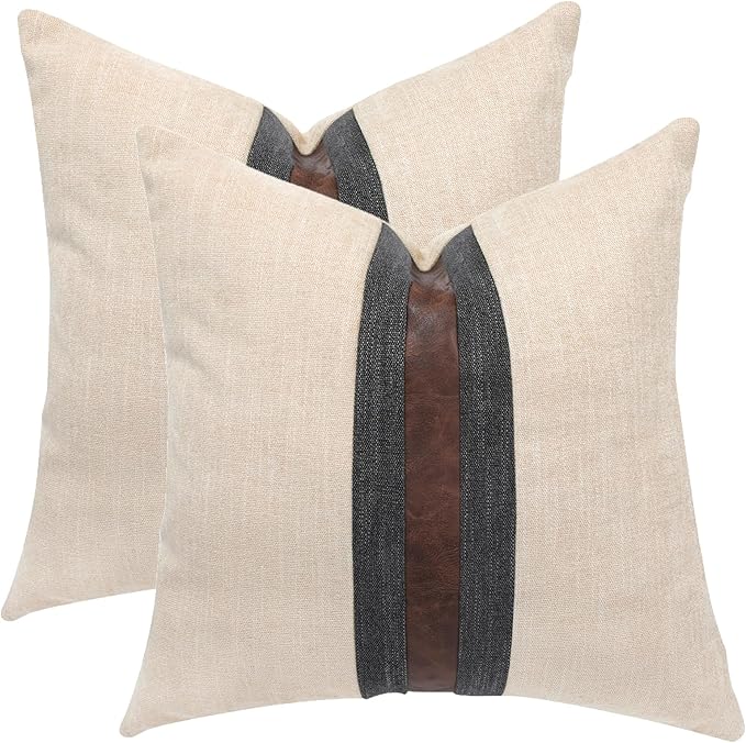 BOYSUM Set of 2 Leather Throw Pillow Covers Cotton Linen Decor Patchwork Pillow Cover Faux Leather Pillows Cover for Couch Sofa Living Room Bedroom,Beige 18"x18"