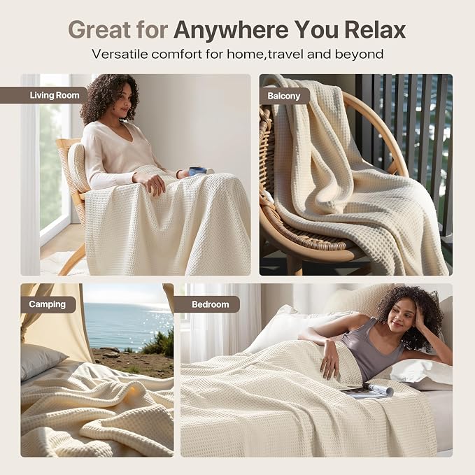 Madison Park 100% Cotton Blanket, Trendy Woven Waffle Weave Design, All Season, Lightweight, Breathable, Soft and Cozy Casual Summer Cover, for Bed, Couch and Sofa, King(108 in x 90 in), Ivory