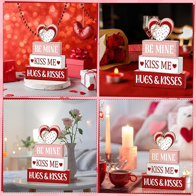 Marsui 4 Pcs Valentine's Day Decorations for Home Heart Table Decor Rustic Distressed Wooden Signs Valentines Centerpieces Blocks Farmhouse Valentines Tiered Tray Decor for Desk Shelf Mantel Indoor