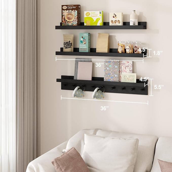 MBYD Solid Wood Black Floating Shelves for Entryway, 36 Inch Wall Shelf with Hooks & Wooden Pegs, Modern Versatile Picture Ledge to Organize Living Room, Bedroom, Declutter Items & Hang Keys, Bags