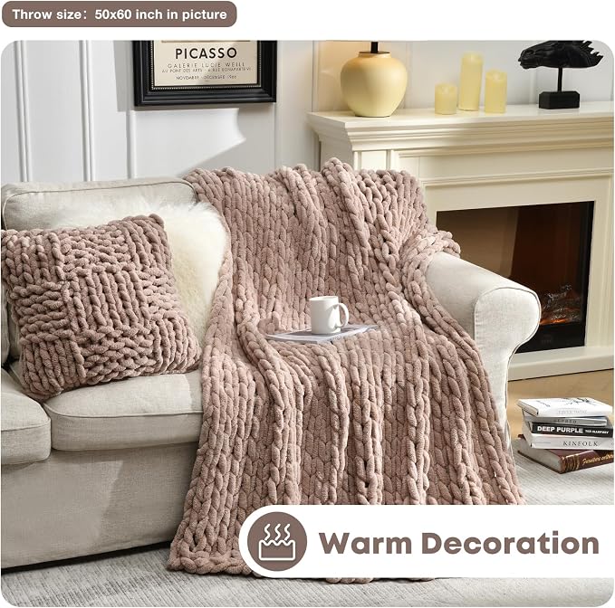 Soft Chunky Knit Blanket, 40X50 Inch Handmade Thick Chenille Yarn Throw Without Shedding & Raveling, Aesthetic & Cozy Home Decor with Couch Sofa Bed, Gift Pack, Choffee Brown