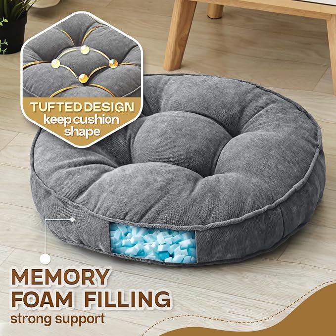 1 MIDDLE ONE Floor Pillow Set of 2, Memory Foam Floor Cushions for Adults, Large Meditation Pillow for Sitting, 22 x 22 Inches (Round | Grey)