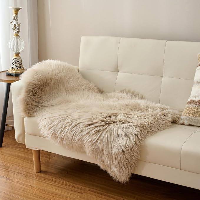 Premium Genuine Sheepskin Area Ruge - Real Wool Fur Shaggy Carpet | Fluffy Soft Natural Lambskin Rug Seat Chair Covers for Couch Sofa Bedroom Living Room(Beige,2×3 Feet Sheepskin)
