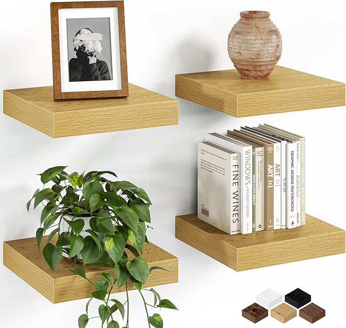 Fun Memories Floating Shelves for Wall, 8 Inch Set of 4 Rustic Wood Wall Shelves with Invisible Brackets, Heavy Duty Storage Display for Bathroom Bedroom Living Room Kitchen, Oak