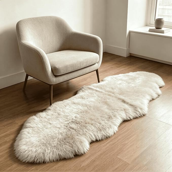 Fluffy Patchwork Sheepskin Rug with Little Patches, Fuzzy Shaggy Fur Genuine Wool Area Carpet for Bedroom Living Room Floor, Pray Pup Mat, Chair Sofa Seat Cover, Cream Brown, 2' x 6'