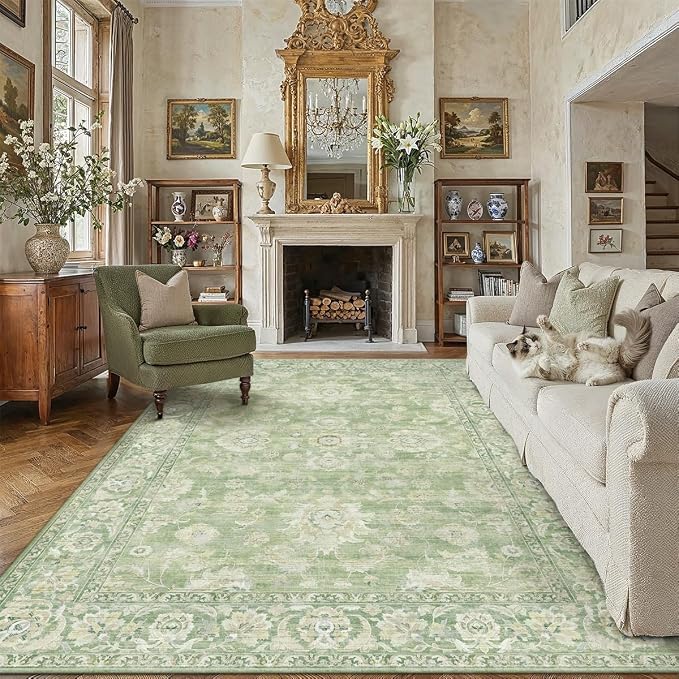 8x10 Green Washable Area Rug for Living Room Bedroom Neutral Floral Soft Non Slip Rug Low Pile Distressed Carpet for Dining Room Nursery Office Indoor