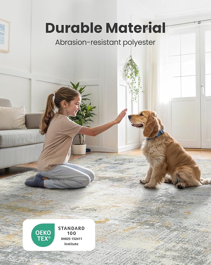 AMADA HOMEFURNISHING 5x7 Area Rugs for Living Room, Modern Abstract Washable Rug Neutral Soft with Non-Slip Backing & Low Pile Kids Rug for Resistant, Bedroom, Nursery Home Office, Beige