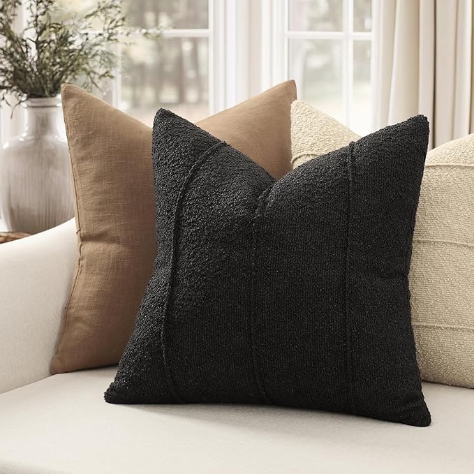 YCOLL Textured Boucle Throw Pillow Covers 24x24 Pack of 2 - Soft Neutral Striped Cushion Covers, Cozy Accent Decorative Pillow Covers for Couch, Sofa, Bed, Living Room (Black)