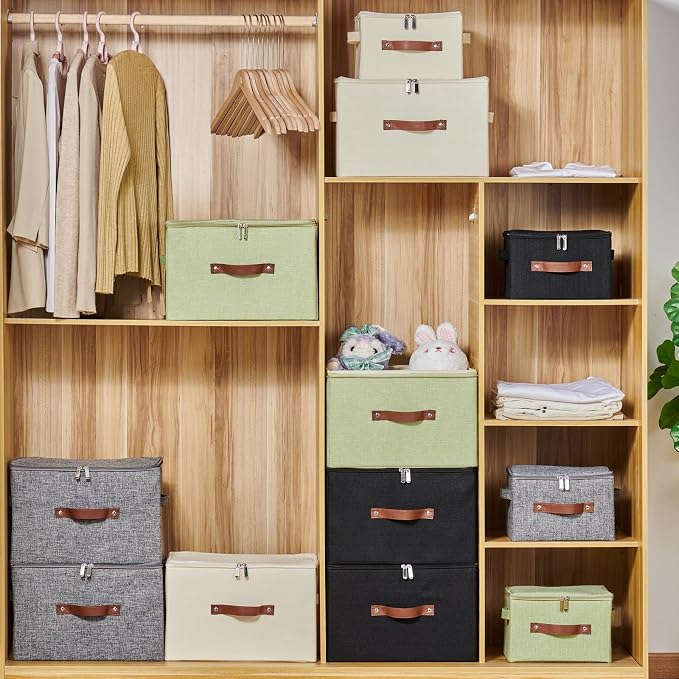 2 Pack Storage Bins with Zipper Lid Cotton Linen Fabric Lidded Storage Baskets Boxes Foldable Washable Closet Shelf Clothes Organizer Container with PU Leather Handles (Beige, Small Size)