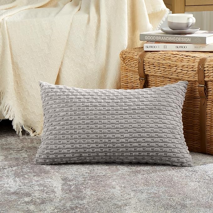 Fancy Homi Set of 2 Boho Grey Lumbar Decorative Throw Pillow Covers 12x20 Inch for Couch Bed Chair, Neutral Farmhouse Home Decor, Soft Fluffy Corduroy Rectangle Aesthetic Cushion Case 30x50 cm