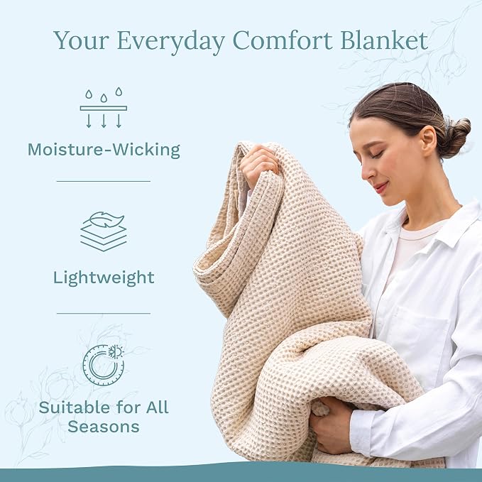 Organic Cotton Waffle Weave Blanket - Premium Quality Waffle Knit Bed Blanket - Soft Cotton Bed Blanket Queen - 100% Organic Cotton Luxurious Best Waffle Blankets - 92"x92" (Ivory - Queen)