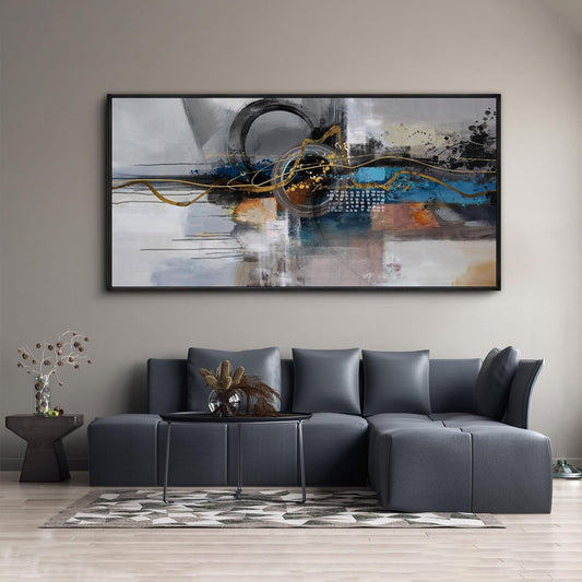 XLSJERST Large Abstract Frame Wall Art - Black and Blue Cnavas Framed Artwork for Walls Modern Minimalist Boho Gray Pictures Wall Decor for Living Room Bedroom Office Home Decoration 24x48 Inches