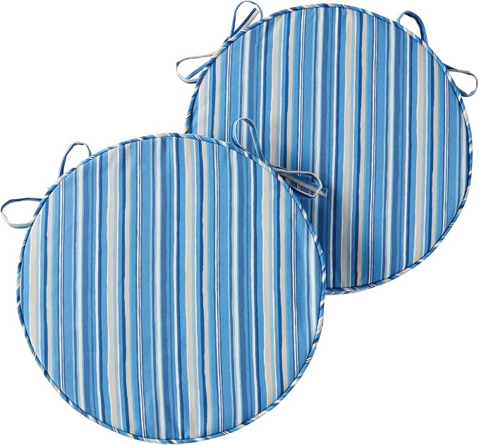 Set of 2 Outdoor 18 inch Round Patio Dining Chair Pads – Comfortable Fiber-Filled Seat Cushions with Ties, Reversible Polyester Fabric, Sapphire Stripe