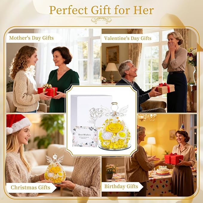Gifts for Women Mom Preserved Rose Forever Flower Eternal Roses in Glass Angel Figurines Fresh Flowers for Delivery Prime Mothers Day Birthday Gift for Her Wife Grandma on Valentines Day Anniversary