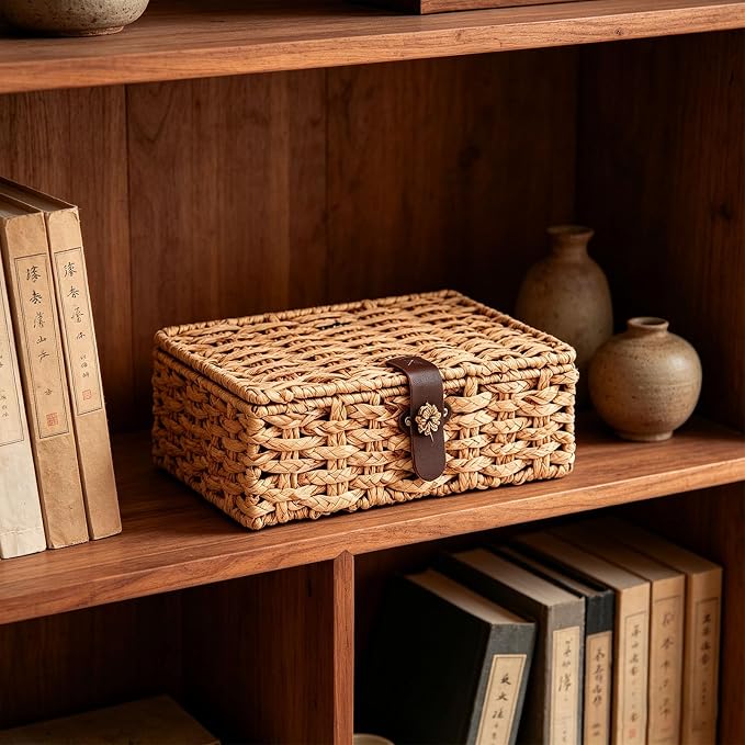 Water Hyacinth Wicker Storage Box with Lid （Large） | Hand woven decorative storage basket for shelf coffee table console home decor